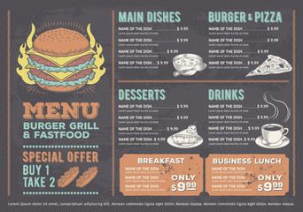 Vector illustration of a design fast food restaurant menu, a cafe with a hand-drawn graphics.