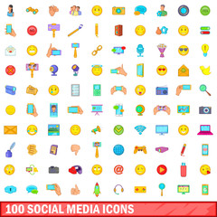 100 social media icons set, cartoon style