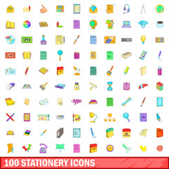 100 stationery icons set, cartoon style