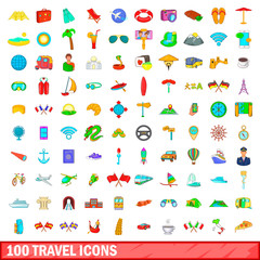 100 travel icons set, cartoon style