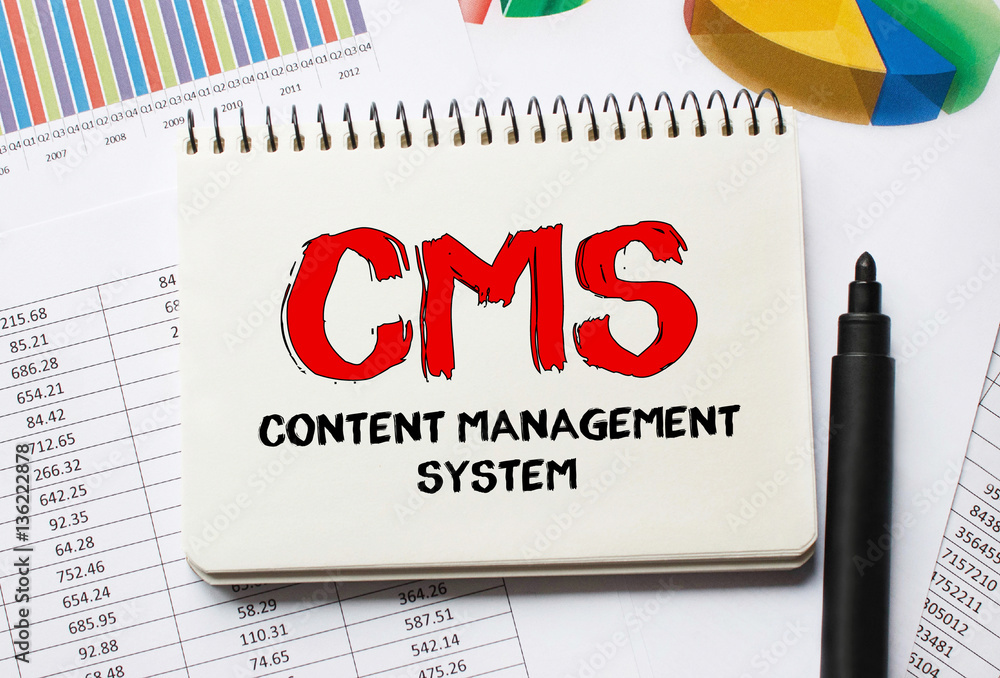 Poster notebook with toolls and notes about cms,concept