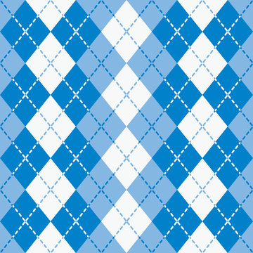 Dashed Argyle seamless pattern in blue and white.