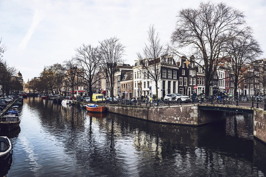 Amsterdam canal bridge and houses