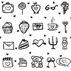 Vector love seamless pattern made of doodle hand drawn hearts and romantic things. Pattern for design greeting cards on St Valentine's Day.