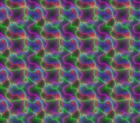 Abstract seamless background of green and blue, red and pink and black and white spots, lines and rows of holes arranged around the drawing