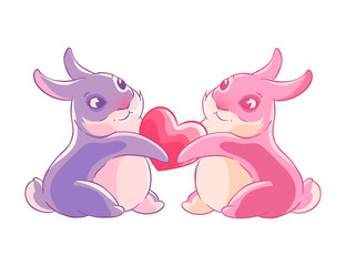Valentine's day. Couple of rabbits holding heart in their paws. Vector illustration
