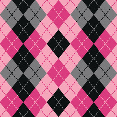 Dashed Argyle pattern in pink and black repeats seamlessly.