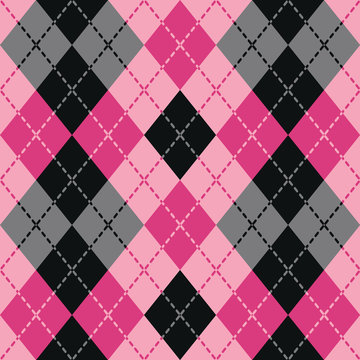 Dashed Argyle pattern in pink and black repeats seamlessly.
