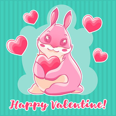 Valentine's day. Pink Bunny holding a heart in his paws. Vector illustration