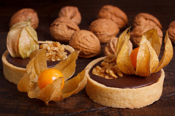 Fototapeta na wymiar Chocolate tarts with walnut and physalis