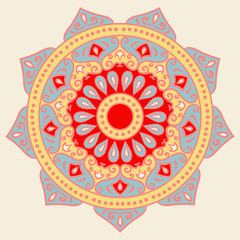 Drawing of a floral mandala in red, blue and yellow colors on a white background. Hand drawn tribal  vector stock illustration