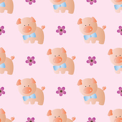 seamless pattern with toy baby pig and green leaves on a light pink background