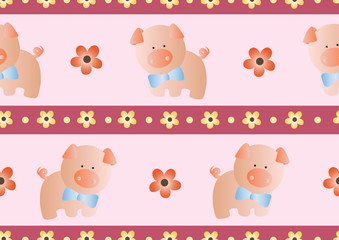 seamless pattern with toy baby pig and green leaves on a light pink background