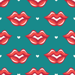 Seamless pattern of red lips and white hearts on turquoise background