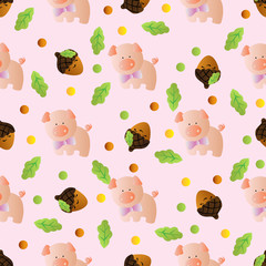 seamless pattern with toy baby pig and green leaves on a light pink background