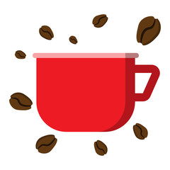 Cup with coffee grains, a mug with fragrant drink, vector image,flat design