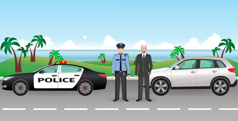 Policeman and police patrol on a road with stopped car and it driver. Police and civil men characters.