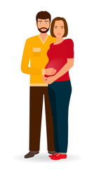 Fototapeta premium Happy pregnancy family. Couple of man and pregnant woman standing together isolated on a white background.