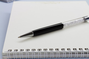 Black pen and notebook on the desk.