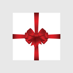 Vector White Square Gift Box with Shiny  Red Satin Bow.