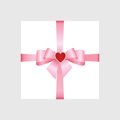 Vector White Square Gift Box with  Pink Satin Bow decorated with ruby heart.