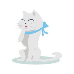 Cute Cartoon Cat with Blue Ribbon