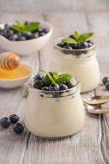 Natural homemade yogurt with blueberry and mint, selective focus
