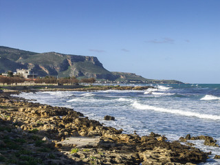 Lido di Valderice and mount Cofano, Sicily, Italy