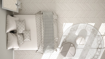 Classic bedroom, minimalistic scandinavian interior design, top