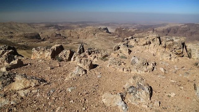 Amazing scenery of stony desert in Jordan, camera lens with polarisation filter. Beautiful view of Wadi Sabra desert in Hashemite Kingdom of Jordan