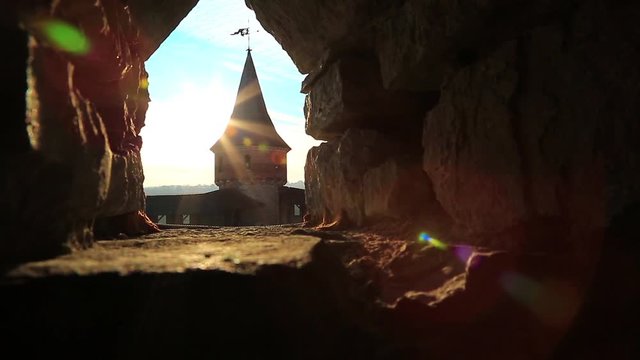Slider shot of old Ruthenian-Lithuanian castle and later Polish fortress, located in historic city of Kamianets-Podilskyi, historic region of Podolia in western Ukraine