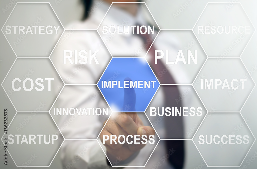 Poster businessman touched implement sign. cloud word implementation icon in hexagon. business internet con