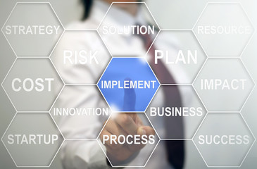 Businessman touched implement sign. Cloud word implementation icon in hexagon. Business internet concept, web technology, cloud tag, strategy, innovation, startup.