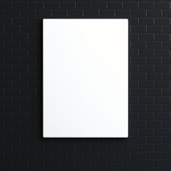 White blank poster hanging on the black wall, mock up, 3D render  