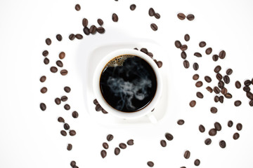 white cup coffee with coffee bean on white background