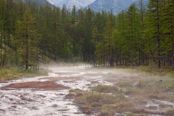 Light fog over the rocky creek in the mountains. The influx of the Indigirka River. Yakutia. Russia.