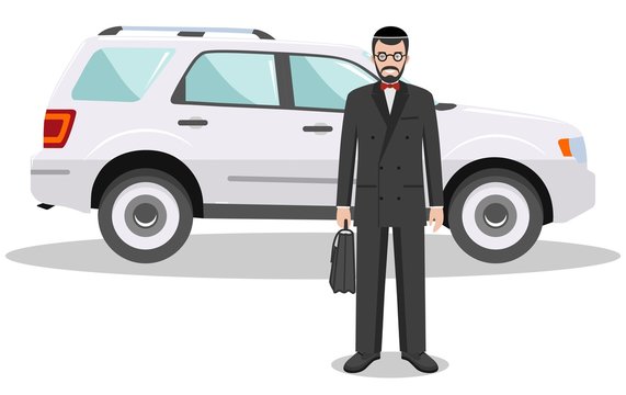 Jewish businessman standing near the car on white background in flat style. Business concept. Detailed illustration of automobile and judaic man. Flat design people character. Vector illustration.