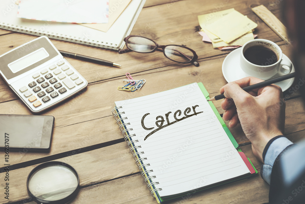 Poster man written career text on notepad