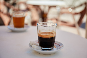 Traditional Moroccan coffe and mint tea in a cafe of Marrakech,