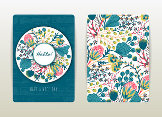 Cover design with floral pattern. Hand drawn creative flowers. Colorful artistic background with blossom. It can be used for invitation, card, cover book, catalog. Size A4. Vector illustration, eps10