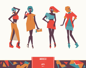 Set with beautiful stylish fashion girls posing. Vector geometric low poly illustration with vogue women silhouettes with bright clothing and various poses. Isolated on background female figures