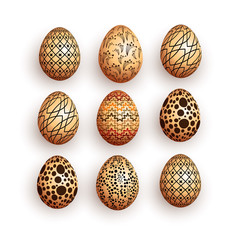Vector illustration of a set of  Easter eggs. Naturally colored brown chicken egg shell covered with various patterns in a realistic style on white background.