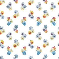Seamless pattern with bunch of pansy hand drawn illustration white background