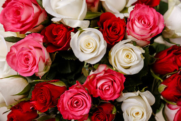 Bouquet of roses background. Wedding natural flowers. Valentines day or 8 march floral gift. Romantic love design.