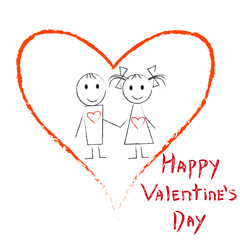 Hand drawn couple in red heart. Valentine's day gift card. Cute couple in love