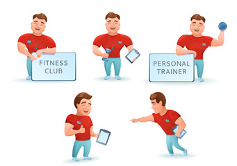 Personal fitness trainer set. Cartoon characters. Vector illustration