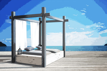 3D rendering : illustration of wooden beach lounge decoration at balcony outdoor wooden room style with Sundeck on Sea view for vacation and summer comic halftone picture style