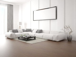 Mock up an empty frame on the stylish angular sofa on a white background.