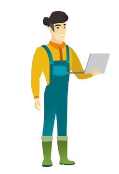 Farmer using laptop vector illustration.