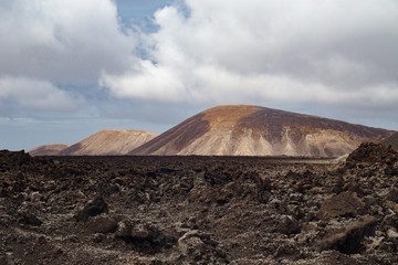 Wide view of Volcanic Landscape with Brown Mountains in Background